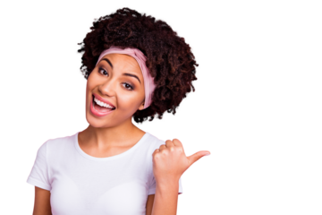 Close up photo amazing beautiful she her dark skin model lady indicate up empty space thumb finger novelty product buy buyer wear head scarf casual white t-shirt isolated pink bright background