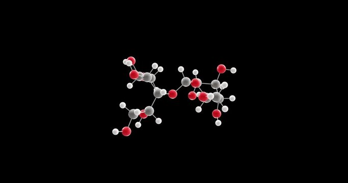 Maltitol molecule, rotating 3D model of sugar alcohol e965, looped video on a black background