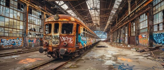 Naklejka premium Old rusty electric train abandoned on unused siding. An old vintage abandoned rusty train station with o lot of graffiti. Generative ai