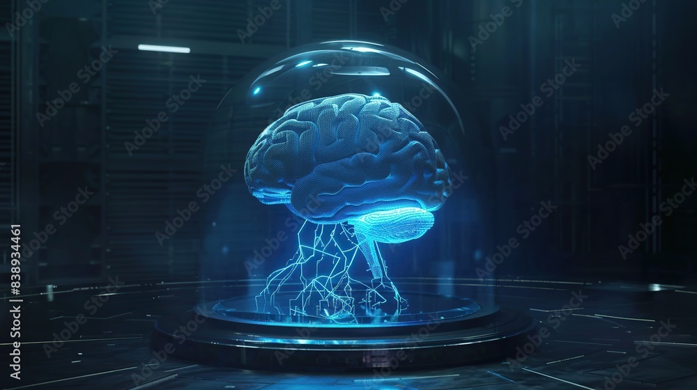 Poster virtual human brain is displayed in a blue light, surrounded by a dark room. the brain is glowing an