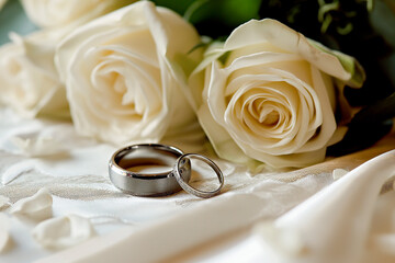 Wedding rings and bouquet roses. Wedding bands banner, website header, wedding invitation.