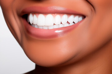 Obraz premium Close up shot of an African-American woman's smile with white healthy teeth. Dental care. Dentistry concept.