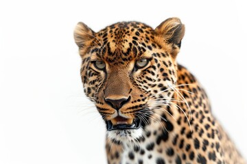 Fototapeta premium Mystic portrait of African Leopard in studio, copy space on right side, Anger, Menacing, Headshot, Close-up View Isolated on white background