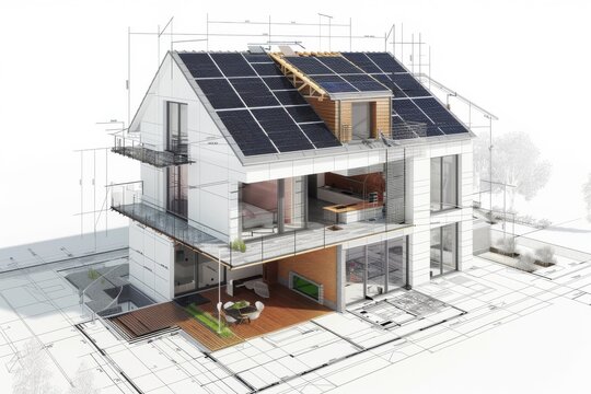 House blueprint with green power panel. Sketch of residential building with solar rooftop. 3D draft print. Modern ecological design. Innovation alternative model