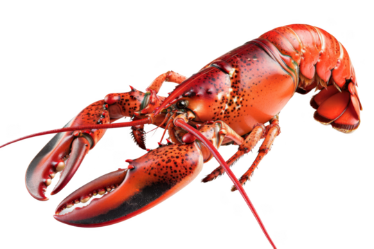 A large red lobster with black spots on its body