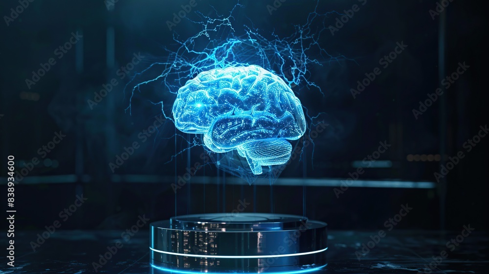 Poster virtual human brain is displayed in a blue light, surrounded by a dark room. the brain is glowing an
