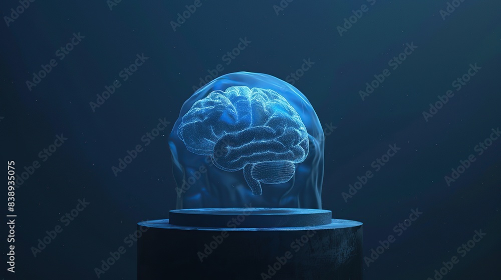 Poster virtual human brain is displayed in a blue light, surrounded by a dark room. the brain is glowing an