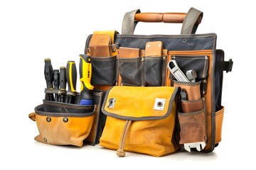 Comprehensive Collection of Tool Belts and Pouches Arranged on a White Background for Professional and DIY Use