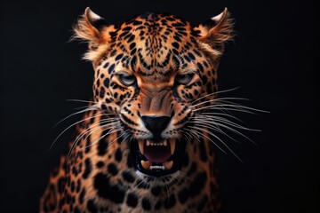 Naklejka premium Mystic portrait of African Leopard in studio, copy space on right side, Anger, Menacing, Headshot, Close-up View Isolated on black background