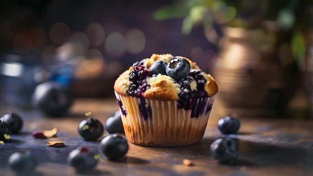 blueberry muffin at wooden table