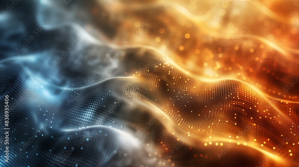 Poster abstract image of a wavy gradient mesh in blue and orange tones. the mesh has a subtle grid pattern 