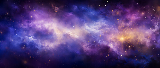 A tranquil cosmic background featuring healing energy pulses from a radiant galaxy core. Wisps of light in gold and violet hues