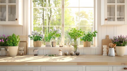 A charming kitchen, light-colored cabinets, fresh herbs and flowers on the counter, near a window with a spring view. The background features clean lines, rustic elements, and a bright, open space.