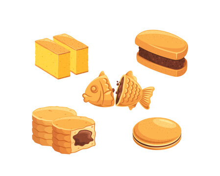 Colorful Diverse Assortment Of Japanese Sweets And Snacks, Including Fish-shaped Taiyaki, Castella, Monaka, Imagawayaki