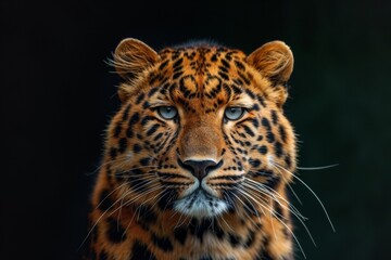 Fototapeta premium Mystic portrait of Amur Leopard in studio, copy space on right side, Anger, Menacing, Headshot, Close-up View Isolated on black background