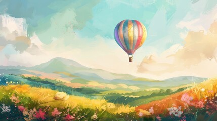 Fototapeta premium An illustration of a spring travel adventure, a hot air balloon floating over a colorful landscape, in a bright morning sky. The background features rolling hills, blooming fields, and distant