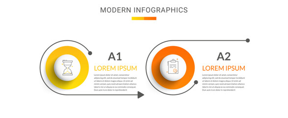 Vector timeline infographics template with two circles and options. Blank space for web, infographic, diagram, business, digital network, flowchart, presentations