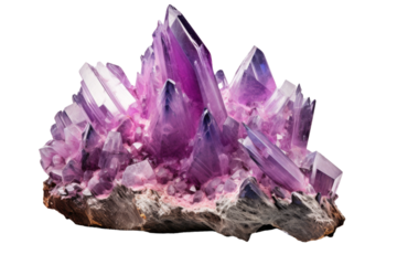 Enchanted Amethyst Cluster Atop Majestic Rock Formation on a White or Clear Surface PNG Transparent Background..