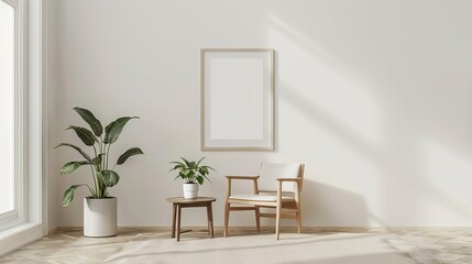 White room with a blank poster mockup and a large window and a potted plant on the floor. A chair is placed in front of the photo frame