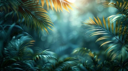 A close-up shot of golden palm leaves with a blurred background of a lush tropical forest.