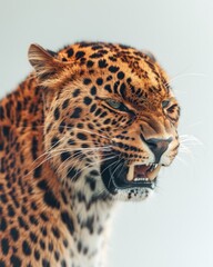 Fototapeta premium Mystic portrait of Asian Leopard , copy space on right side, Anger, Menacing, Headshot, Close-up View Isolated on white background