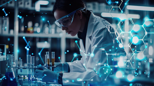 A scientist in a lab coat and goggles working with test tubes, surrounded by glowing hexagons of data and science symbols