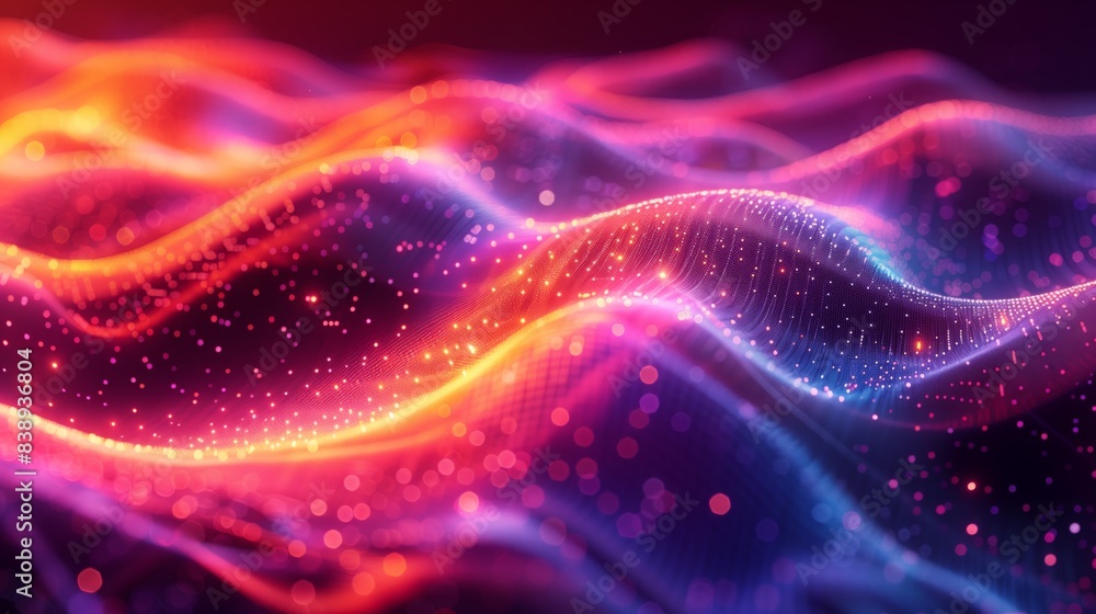 Fototapete Abstract digital art featuring a dynamic gradient mesh wave in shades of red, orange, and blue. The wave appears to be illuminated from within, creating a sense of depth and movement.