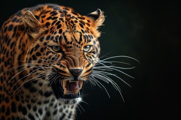 Obraz premium Mystic portrait of Asian Leopard in studio, copy space on right side, Anger, Menacing, Headshot, Close-up View Isolated on black background