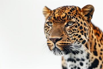 Fototapeta premium Mystic portrait of Asian Leopard in studio, copy space on right side, Anger, Menacing, Headshot, Close-up View Isolated on white background