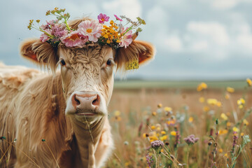 cute brown white cow with flowers on its head stands in the field, natural day light, portrait, grassland background