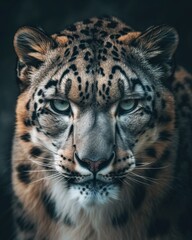 Mystic portrait of Snow Leopard, copy space on right side, Anger, Menacing, Headshot, Close-up View Isolated on black background