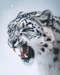 Mystic portrait of Snow Leopard, copy space on right side, Anger, Menacing, Headshot, Close-up View Isolated on white background