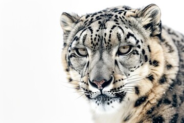 Mystic portrait of Snow Leopard in studio, copy space on right side, Anger, Menacing, Headshot, Close-up View Isolated on white background