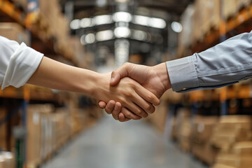 Handshake between a male and female executive on a blurred background of a large logistics warehouse. Generated by artificial intelligence