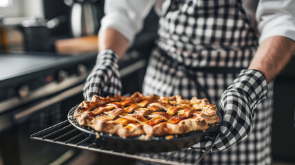 A chef wearing checkered oven gloves places a freshly baked pie in the oven, creating an aromatic kitchen scene.