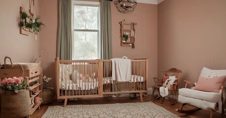 Clay Brown Modern Minimalist Baby Nursery Room with Dusty Rose Rocking Chair, White Crib, and Wooden Table. side view