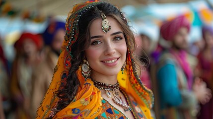 Fototapeta premium Vibrant Cultural Fusion: Pakistani Woman in Shalwar Kameez Dancing at Denmark's MELA Event