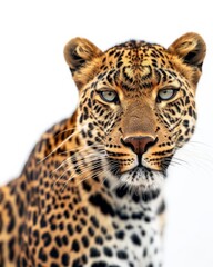 Obraz premium the African Leopard, portrait view, white copy space on right Isolated on white background
