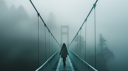 Obraz premium A woman in a cloak walks alone on a suspension bridge surrounded by thick fog, creating a mysterious and ethereal atmosphere.