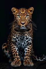 Obraz premium the African Leopard, portrait view, white copy space on right Isolated on black background