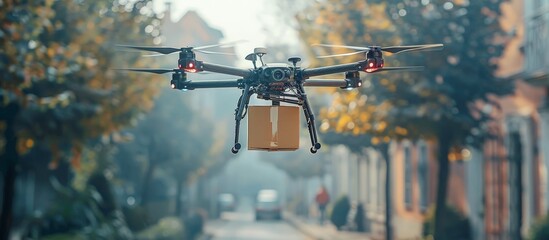 Advanced Drone Delivering Package in Urban Neighborhood on a Foggy Morning with Autumn Trees and Residential Houses in the Background
