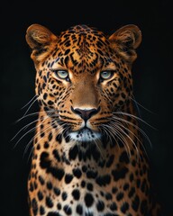 the African Leopard, portrait view, white copy space on right Isolated on black background