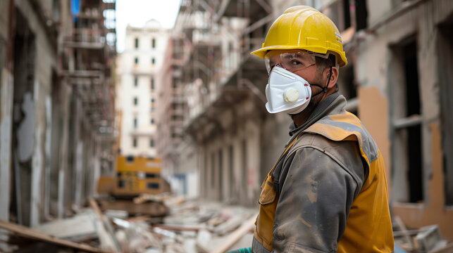 Construction worker in protective equipment and respiratory mask removes debris at construction site during renovation.