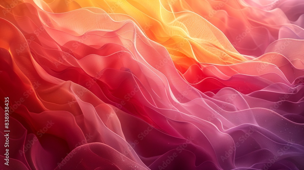 Poster a close-up image of a flowing, translucent fabric featuring a gradient mesh pattern in shades of ora