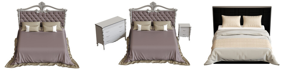 double bed isolated on a transparent background, furniture for the bedroom interior, 3D illustration, cg render