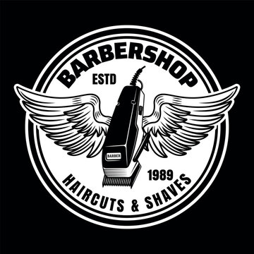 Barbershop emblem, label, badge or logo, hair clipper with wings illustration on dark background