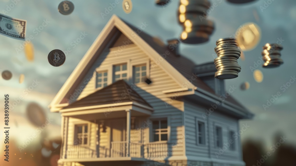 Poster a 3d render illustrating stacks of coins and banknotes floating around a house