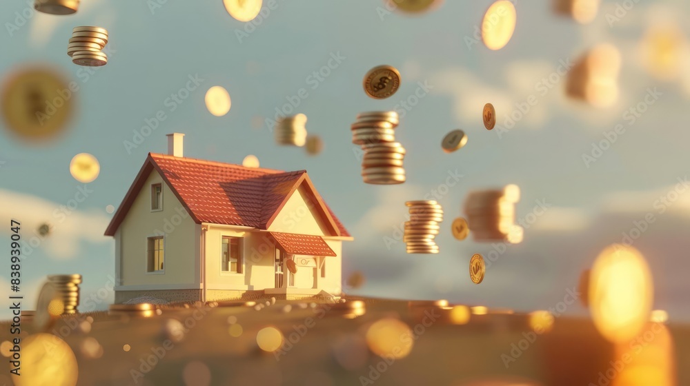 Poster a 3d render illustrating stacks of coins and banknotes floating around a house