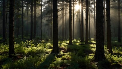 Obraz premium The interplay of light and shadow in the heart of the tranquil forest ai_generated