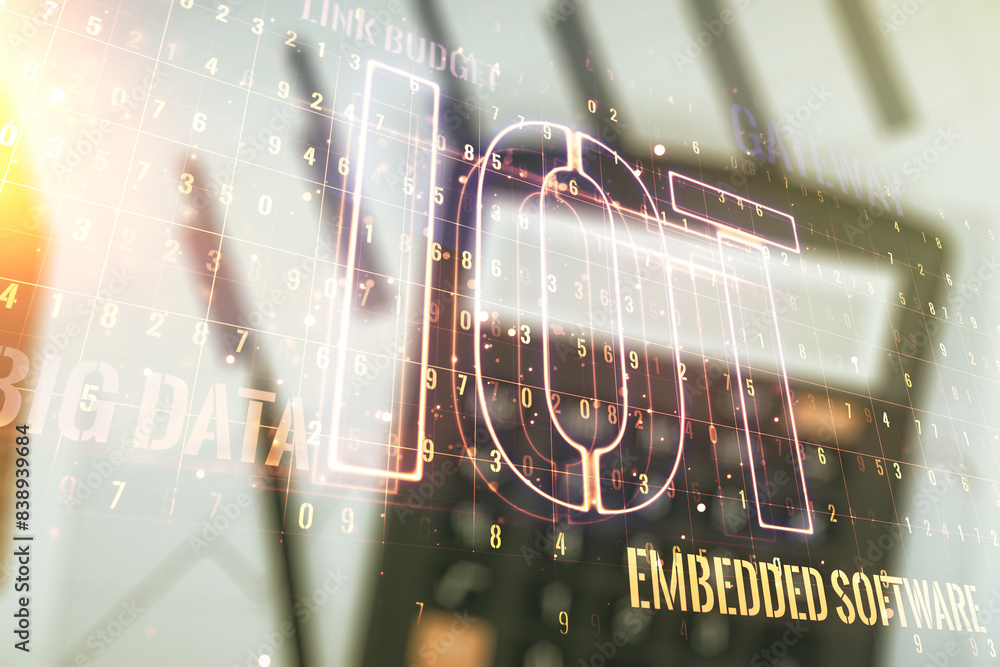 Poster abstract virtual iot hologram on calculator and papers background, internet of things concept. multi